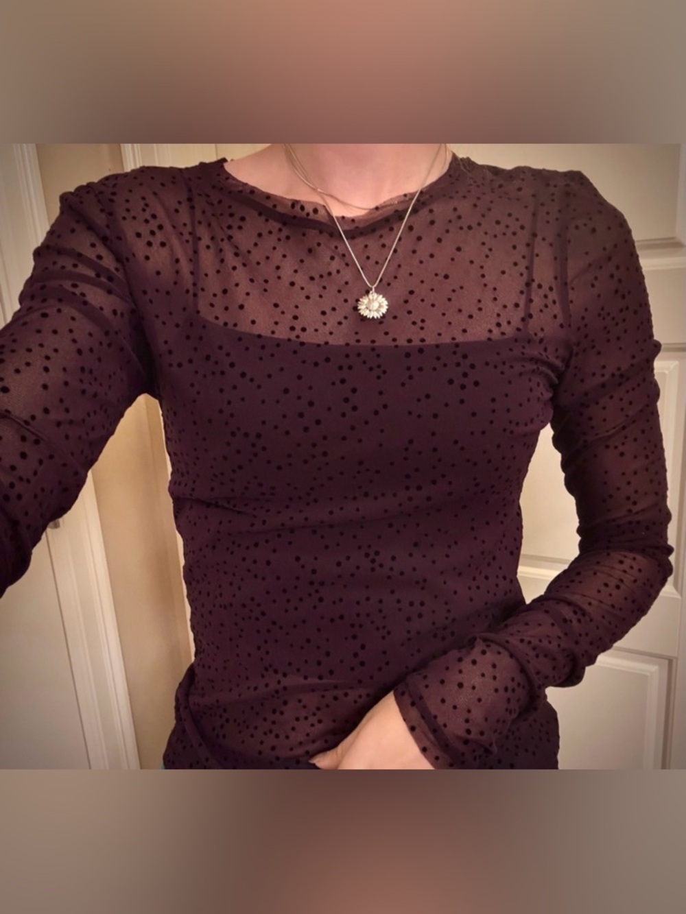 Vintage Y2K Plum Purple Black Mesh Sheer Polka Dot Top Long Sleeve M